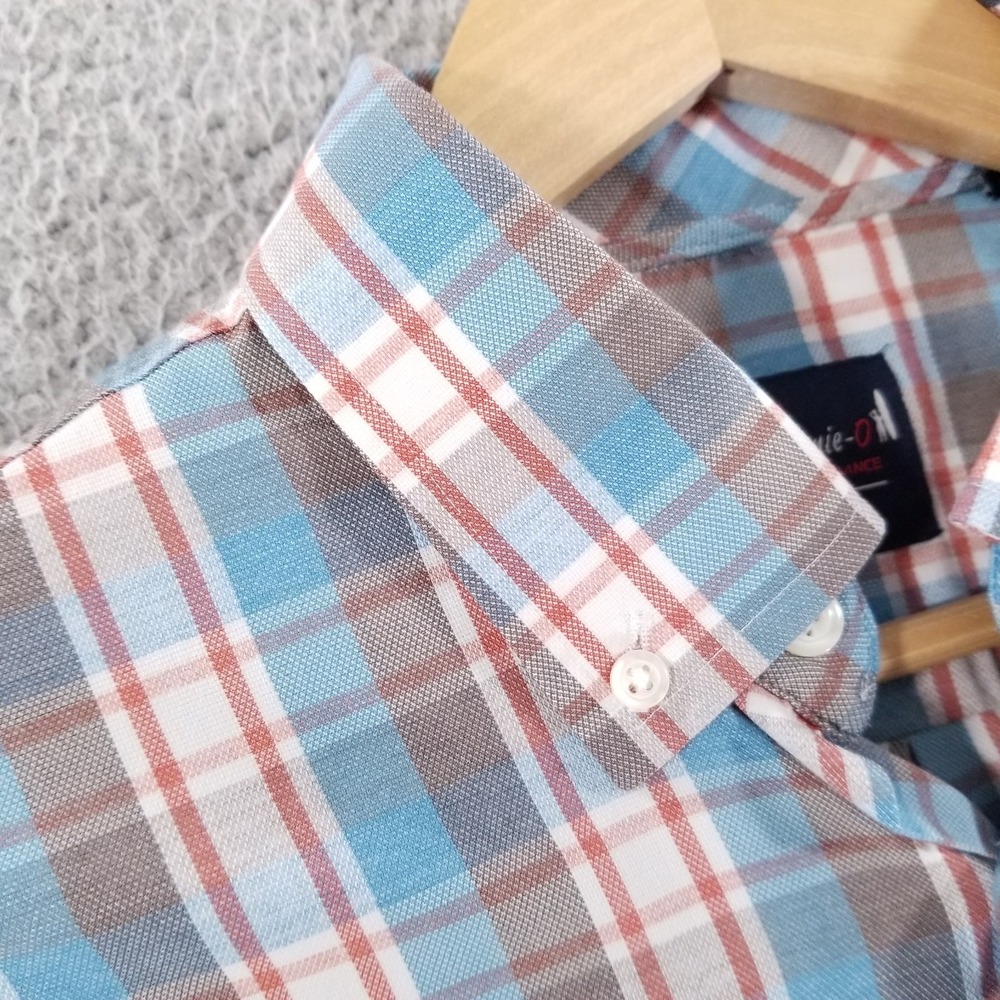 Johnnie-O Shirt Mens Medium Blue Gray Plaid Performance Stretch Bamboo Bronwen